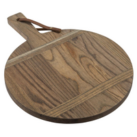 The JK Adams Ash Driftwood Round Serving Board, featuring a handle and leather loop with visible wood grain, adds rustic charm to any table. The round ash wood design stands out beautifully against a clean white background.