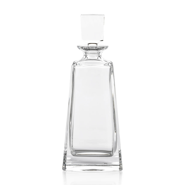 The Zodax Kelsey Crystal Decanter, featuring a clear, geometric design with a square stopper and wide base, is the perfect addition to elevate your home bar or barware collection; shown here photographed against a white background.