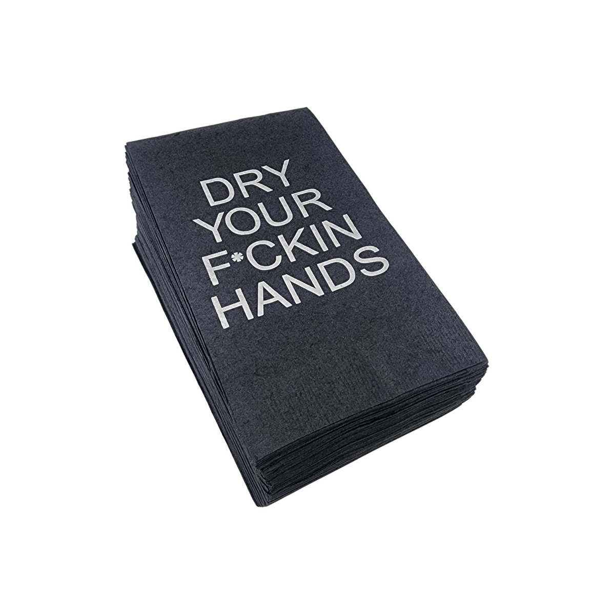 Add an edgy touch to your bathroom with Print Appeal's Guest Hand Towel Pack—black hand towels featuring bold "DRY YOUR F*CKIN HANDS" text, ideal as fun disposable guest napkins.