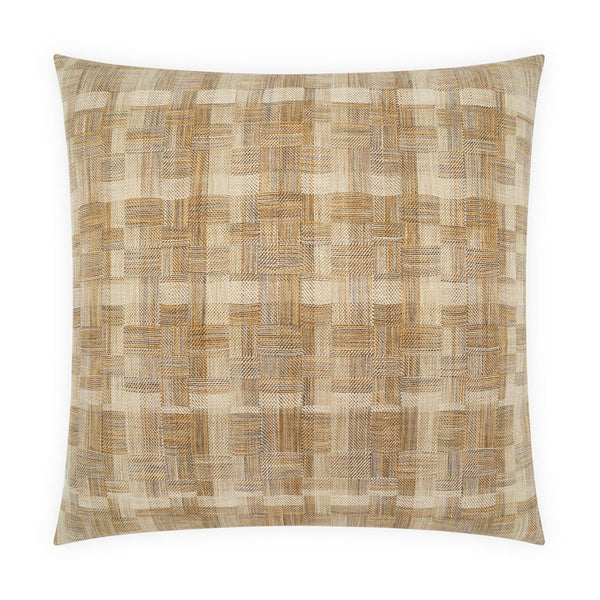 The Inlay Pillow Burlap 22 x 22 by D.V. KAP / Canaan Company is a square decorative pillow featuring interlocking lines and textured blocks in shades of beige, tan, and brown on a white background. Its geometric woven pattern creates a basket-weave look reminiscent of a chunky plaid design.