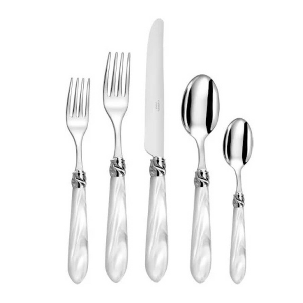 The Capdeco Diana Flatware 5 Piece Setting in White includes two forks, a knife, and two spoons with shiny stainless steel heads and white marbled handles, shown neatly arranged on a white background.