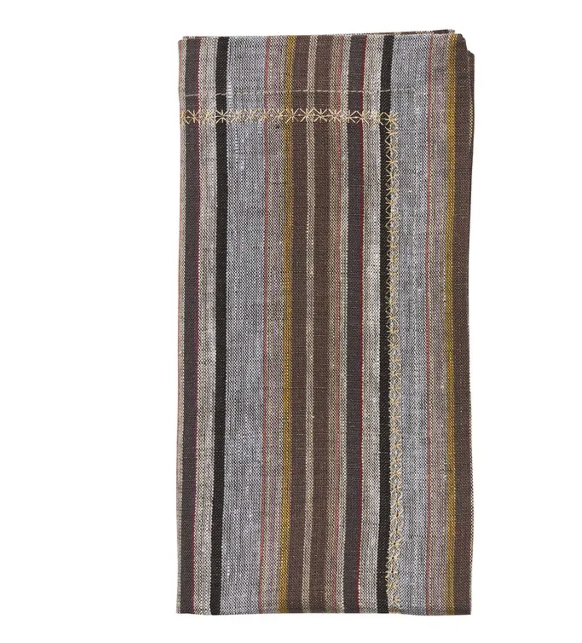 The Windsor Napkin Set of 4 - Multi by Kim Seybert features folded striped linen napkins with vertical stripes in shades of brown, black, gray, and yellow, accented by decorative stitching along one edge. Their neutral tones offer versatile styling for any table setting and pair beautifully with modern napkin rings.