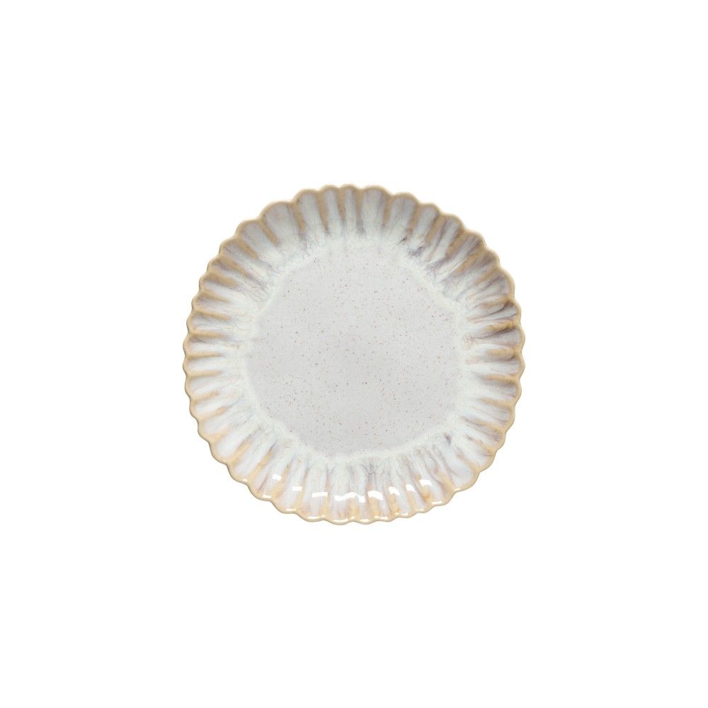 The Casafina Mallorca Dinnerware is a round stoneware plate with a scalloped edge and light speckled glaze, handcrafted and shown from above against a white background.