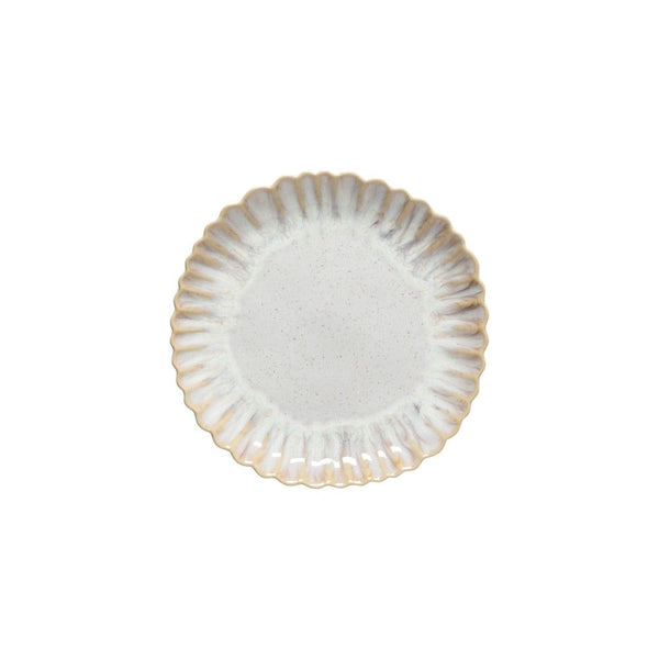 The Casafina Mallorca Dinnerware is a round stoneware plate with a scalloped edge and light speckled glaze, handcrafted and shown from above against a white background.