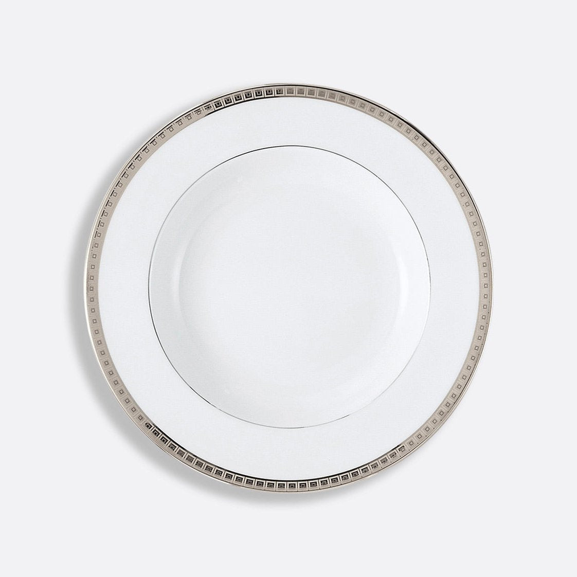 The Athena Platinum Dinnerware by Bernardaud is a white porcelain plate with a silver and gray geometric rim, displayed top-down on a light gray background.