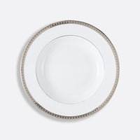 The Athena Platinum Dinnerware by Bernardaud is a white porcelain plate with a silver and gray geometric rim, displayed top-down on a light gray background.