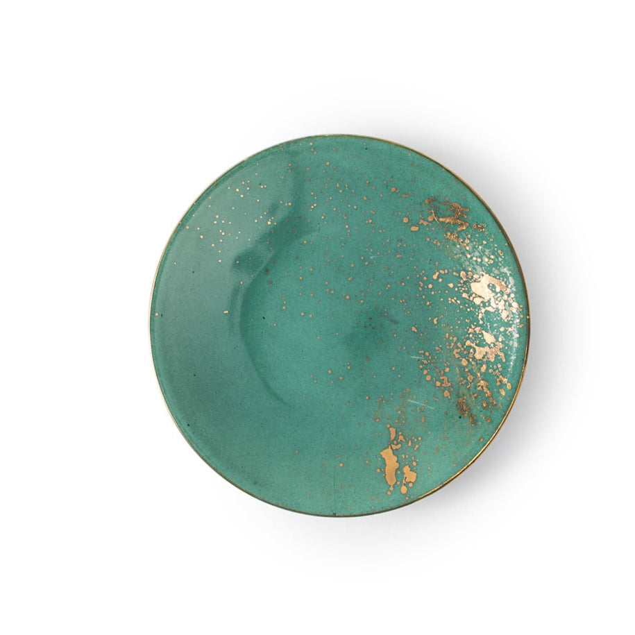The Molecot Golden Green Dinnerware is a round plate with a teal hue and gold accents, set against a white background—ideal for anyone seeking unique, hand-painted tableware.
