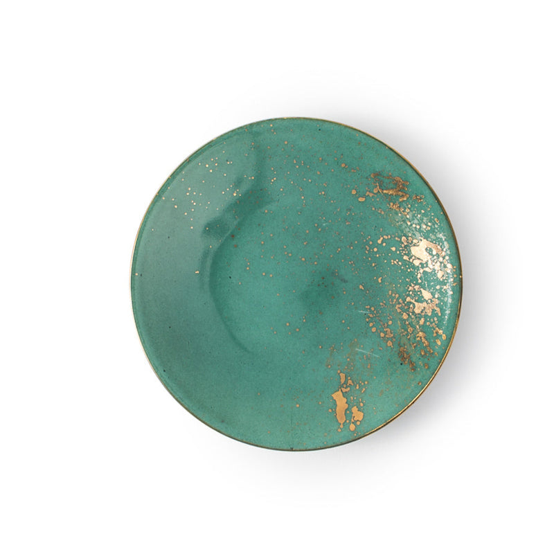 The Molecot Golden Green Dinnerware is a round plate with a teal hue and gold accents, set against a white background—ideal for anyone seeking unique, hand-painted tableware.