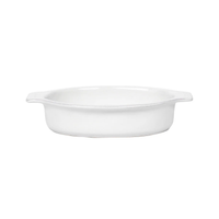 The Juliska Puro Oval Baker Whitewash 12″, a white, oval ceramic baking dish featuring handles on both sides and expertly crafted from durable Portuguese stoneware for seamless oven-to-table service, is shown against a plain white background.
