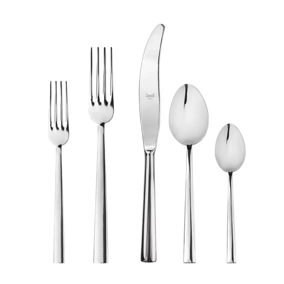 The Mepra Levantina Flatware 5 Piece Setting, made from premium 18/10 stainless steel, includes a salad fork, dinner fork, dinner knife, soup spoon, and teaspoon arranged upright on a white background.