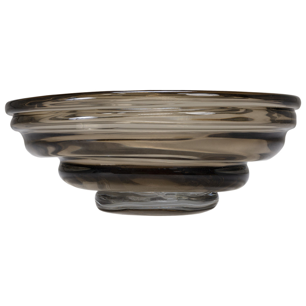 The Kavana Cameron Art Glass Bowl features a round, smoky gray design with a thick, layered rim and slightly elevated base—ideal as a modern decorative centerpiece—shown against a white background.