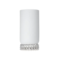 The Babylone Vase by Christofle is a tall, handmade white porcelain piece featuring a decorative silver braided pattern at its base, made in France and displayed on a plain light gray background.