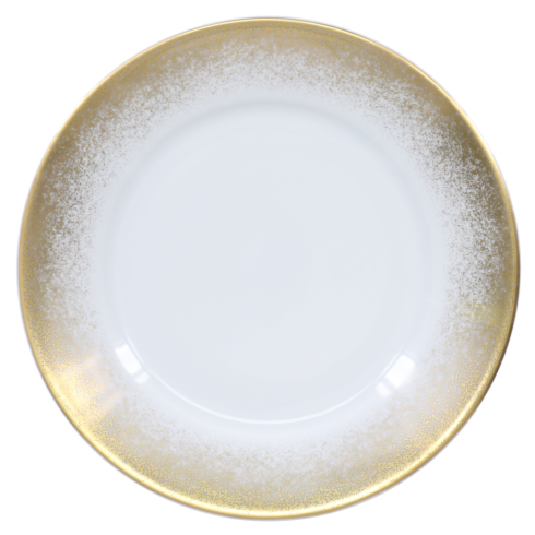 The Royal Limoges Yellow Fire Dinnerware plate is crafted from white Limoges porcelain, featuring a wide yellow gold rim with a subtle speckled gradient. Photographed empty from above on a white background.