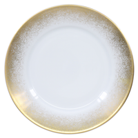 The Royal Limoges Yellow Fire Dinnerware plate is crafted from white Limoges porcelain, featuring a wide yellow gold rim with a subtle speckled gradient. Photographed empty from above on a white background.