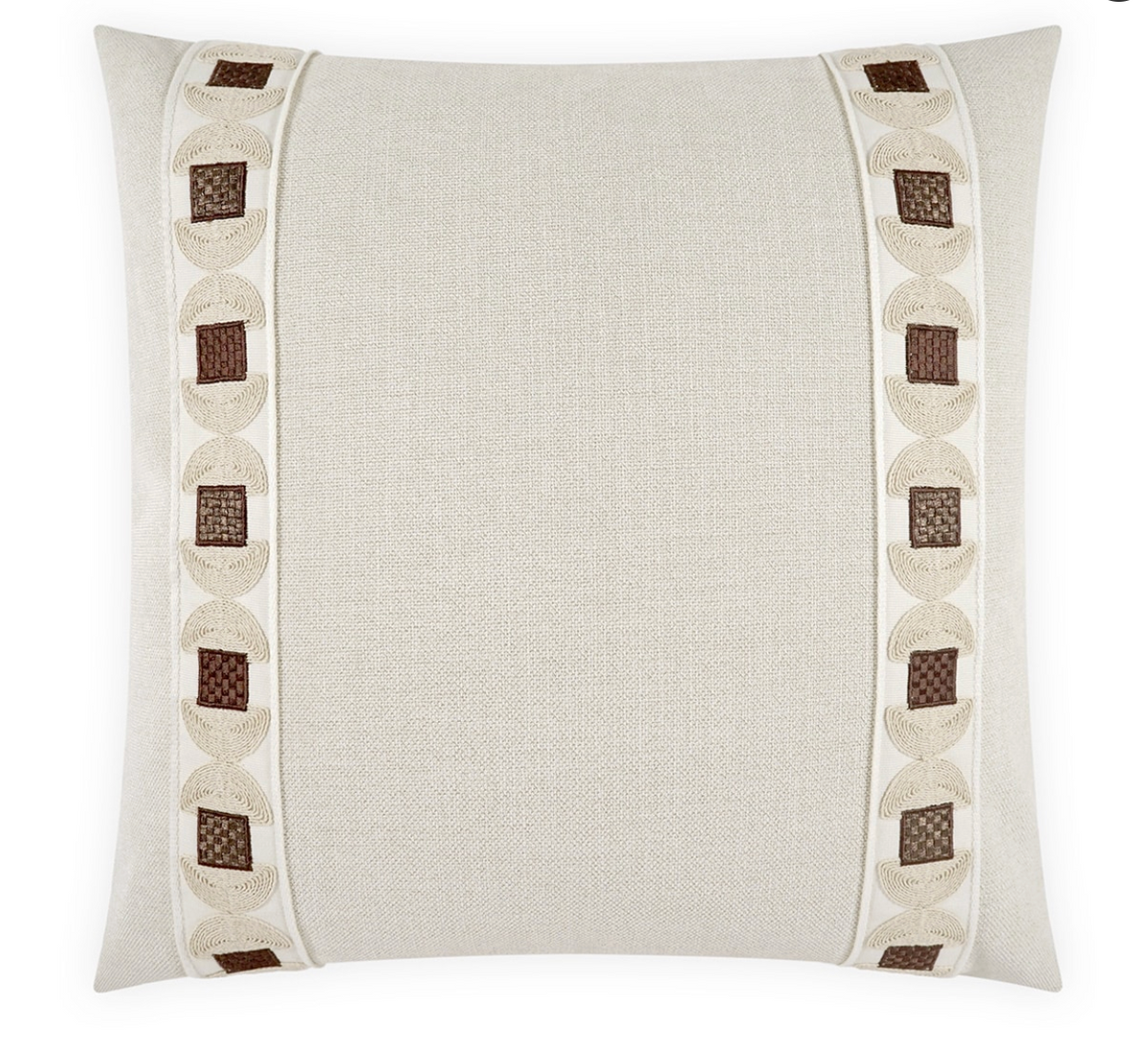 The Demeter Pillow by D.V. KAP / Canaan Company features light beige textured linen with two vertical bands of cream and brown geometric embroidery, making this decorative throw pillow a stylish accent for any room.