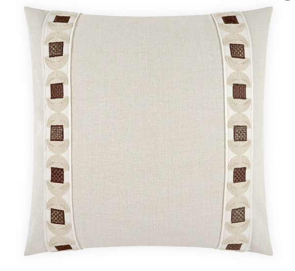 The Demeter Pillow by D.V. KAP / Canaan Company features light beige textured linen with two vertical bands of cream and brown geometric embroidery, making this decorative throw pillow a stylish accent for any room.