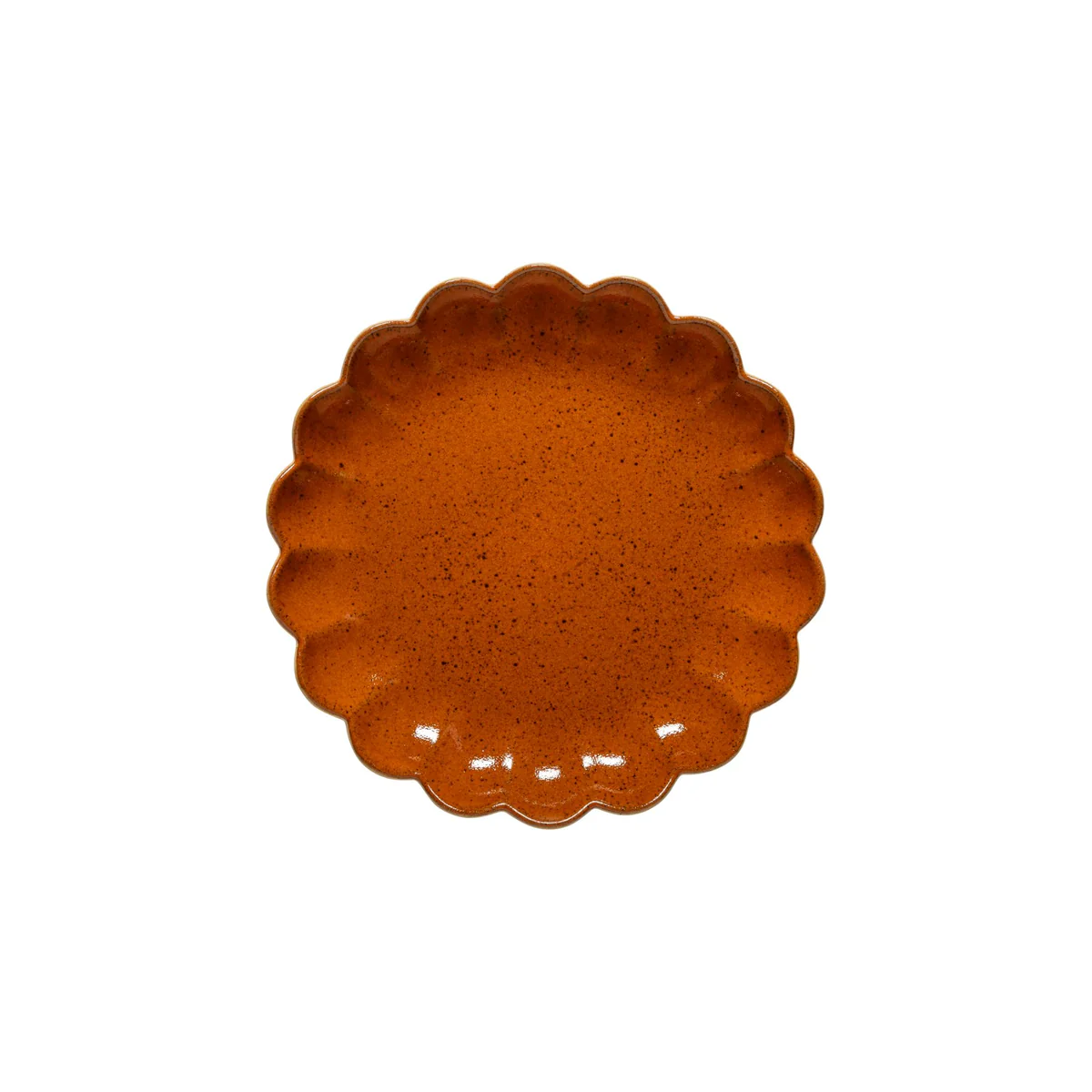 The Costa Nova Marrakesh Dinnerware Orange plate has a round, scalloped flower-like edge, a speckled pattern, and is crafted from recycled clay; it’s shown against a white background.