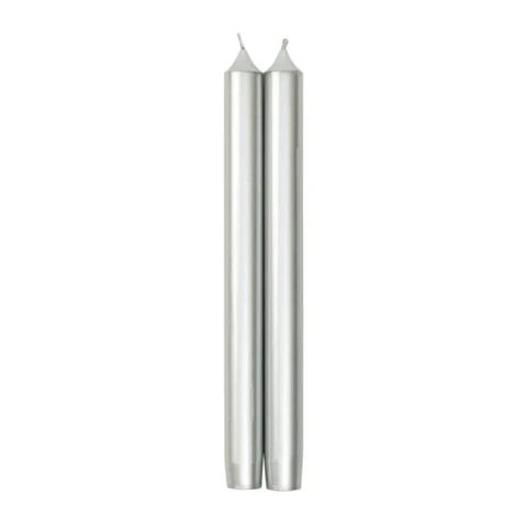 The Caspari Crown Metallic Silver Taper Candle Set includes two 10-inch dripless, smokeless candles standing upright side by side on a white background, adding elegance to any setting.