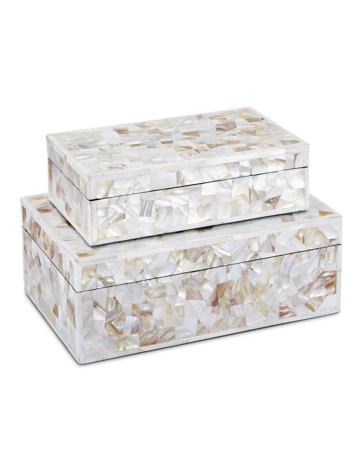 Two rectangular Simplicity Mother of Pearl Boxes by Currey & Company, each topped with a sleek lid and adorned in a lustrous mother-of-pearl mosaic of white and cream. The large boxes are stacked gracefully, showcasing a stunning display of beige and iridescent tones.