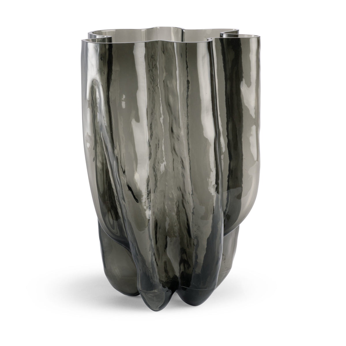 The Hudson Smoke Grey Vase by FlowDecor Inc. is a tall, watertight vase made of reflective smoky gray glass, featuring an organic, uneven shape with wavy, flowing contours.