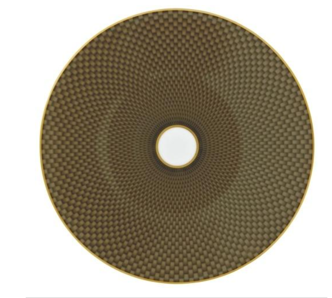 The Tresor Dinnerware Brown by Raynaud features a round plate with a gold rim and interlocking dark brown geometric patterns radiating from a white center, reflecting elegant formal dinnerware design.
