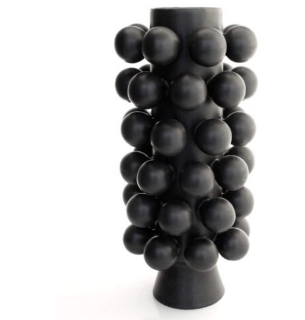The Nimbus Tall Vase - Onyx by KleinReid is a handcrafted cylindrical porcelain vase in matte black, adorned with rows of raised spherical bumps. The product is photographed against a white background.