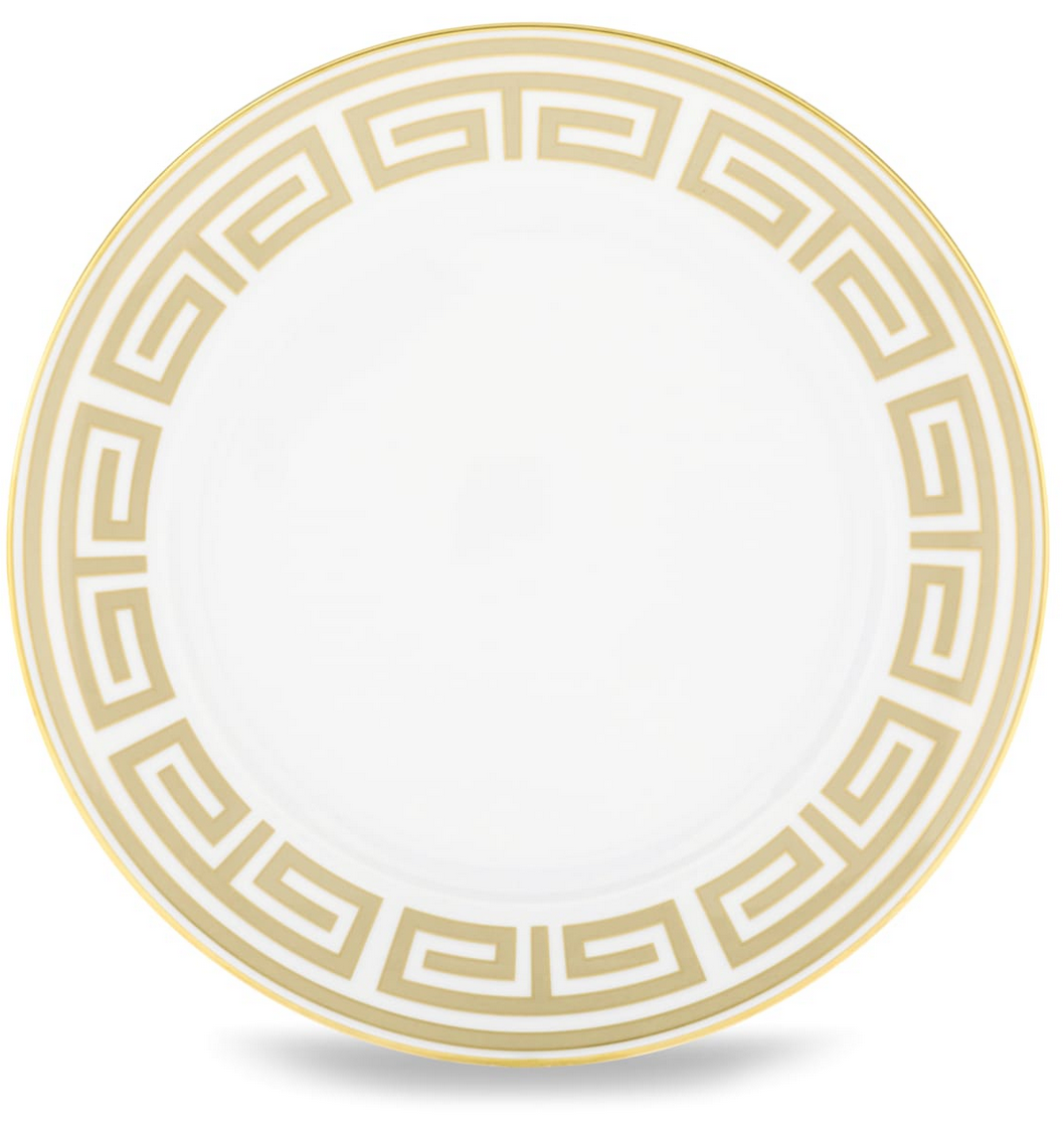 The Ginori 1735 Labirinto Dinnerware - Cashemire is a round white plate with a gold Greek key rim, inspired by Gio Ponti and shown on a plain white background.