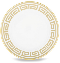 The Ginori 1735 Labirinto Dinnerware - Cashemire is a round white plate with a gold Greek key rim, inspired by Gio Ponti and shown on a plain white background.