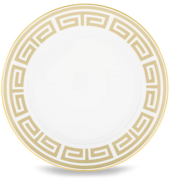 The Ginori 1735 Labirinto Dinnerware - Cashemire is a round white plate with a gold Greek key rim, inspired by Gio Ponti and shown on a plain white background.