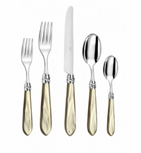 The Capdeco Diana Flatware Five Piece Setting in Horn features elegant 18/10 stainless steel heads and horn-colored handles with ornate twisted details—includes two forks, a knife, and two spoons.