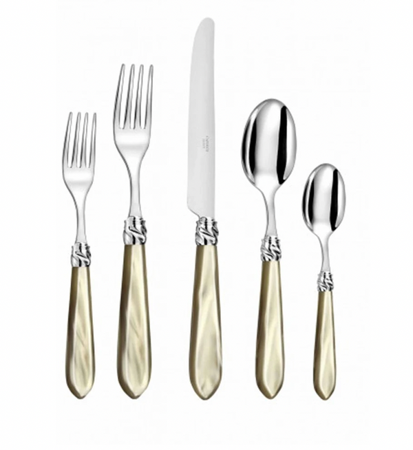 The Capdeco Diana Flatware Five Piece Setting in Horn features elegant 18/10 stainless steel heads and horn-colored handles with ornate twisted details—includes two forks, a knife, and two spoons.