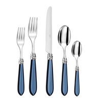 The Diana Flatware 5 Piece Setting - Sapphire by Capdeco features two forks, a knife, a tablespoon, and a teaspoon with shiny silver tops and glossy blue handles, arranged vertically on a white background.