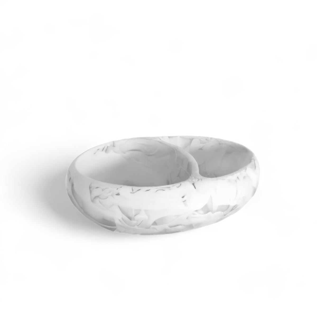 The Nashi Home Arila Split Bowl - White Swirl is a white, oval bowl with a marbled pattern and two compartments, ideal for serving and adding coastal style, shown on a plain white background.