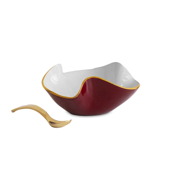 Beatriz Ball Encanto Aries Mini Bowl w/ Spoon - Bordeaux & White, featuring a deep red, wavy-edged bowl with a white interior and gold rim, accompanied by a small gold spoon.