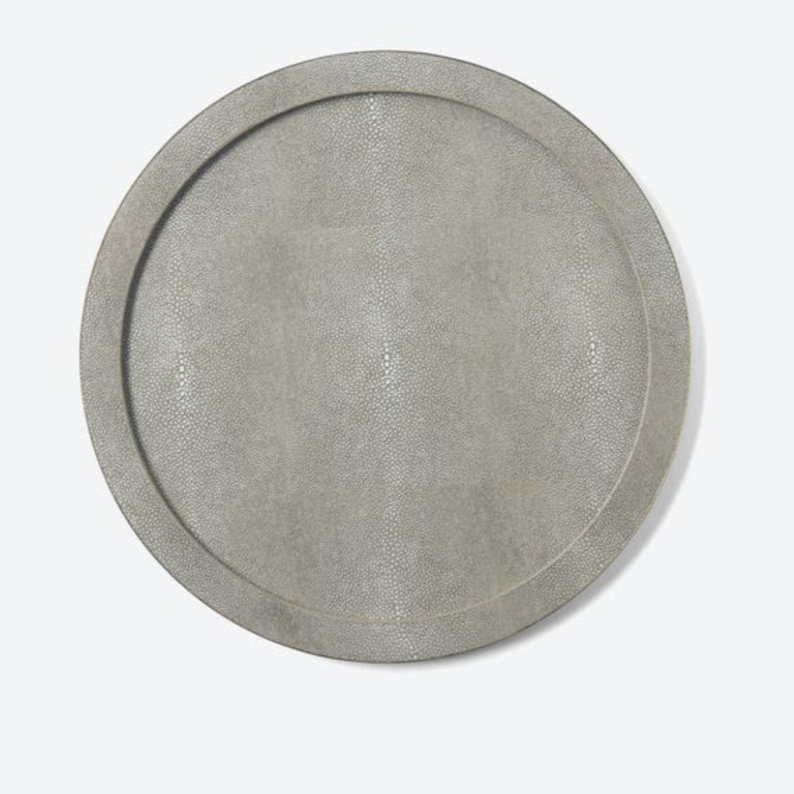 The Langston Round Tray - Sand / Gold by Blue Pheasant is a sand-toned serving tray with a subtle faux shagreen texture and gently raised rim, shown against a plain white background.