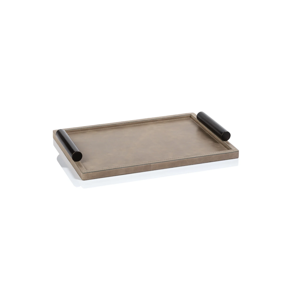 Belle Rectangle Leather Tray by Zodax—a refined serving tray featuring two cylindrical black handles on opposite sides, showcased on a white background. This elegant, luxury piece is designed to elevate any occasion.