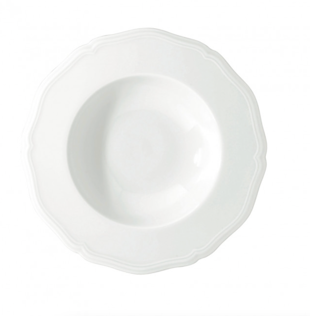The Raynaud Argent White Dinnerware bowl features a round shape, scalloped edges, and a shallow center, displayed from above against a plain white background.