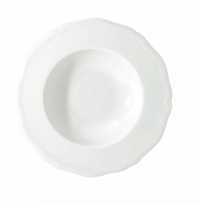 The Raynaud Argent White Dinnerware bowl features a round shape, scalloped edges, and a shallow center, displayed from above against a plain white background.