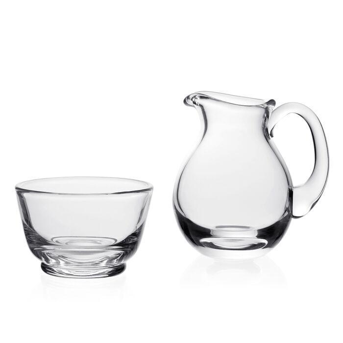 The William Yeoward Classic Sugar & Creamer Set features a clear glass bowl and handled pitcher, displayed side by side against a white background.