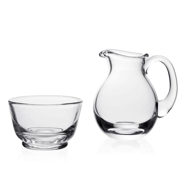 The William Yeoward Classic Sugar & Creamer Set features a clear glass bowl and handled pitcher, displayed side by side against a white background.