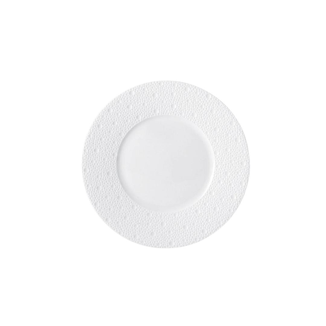 The Ecume White Dinnerware by Bernardaud is a white, round, textured plate made in France, shown from above on a plain white background.