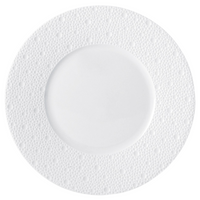 The Ecume White Dinnerware plate by Bernardaud is a round Limoges porcelain plate with a wide, textured rim and subtle dotted pattern, shown from above on a white background.