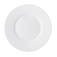 The Ecume White Dinnerware by Bernardaud is a white, round Limoges porcelain plate featuring a textured dotted rim, shown from above on a plain background.