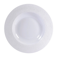 The Ecume White Dinnerware by Bernardaud is a white, round, shallow bowl with a wide rim and subtle dimpled texture, crafted from Limoges porcelain and shown from above on a plain white background.
