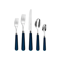 The Capdeco Altea Flatware 5 PPS set features two forks, a knife, a tablespoon, and a teaspoon with shiny silver heads and dark blue handles, arranged side by side on a white background.