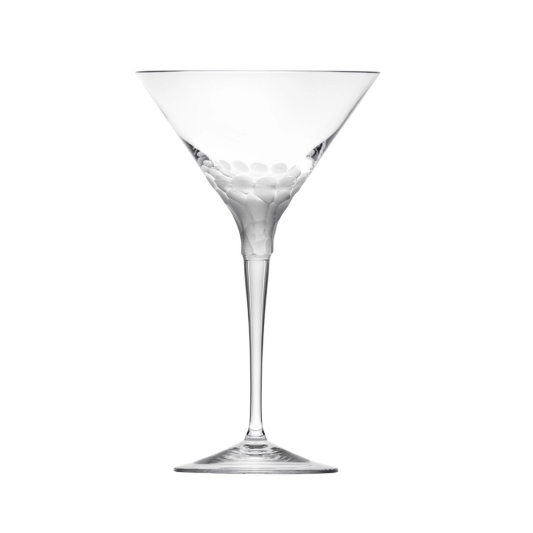 The Pebbles Martini Glass - 260 ml by Moser features a smooth, tall stem and wide bowl. Handcrafted with textured bubbles at the base, this empty crystal glass is photographed against a white background.