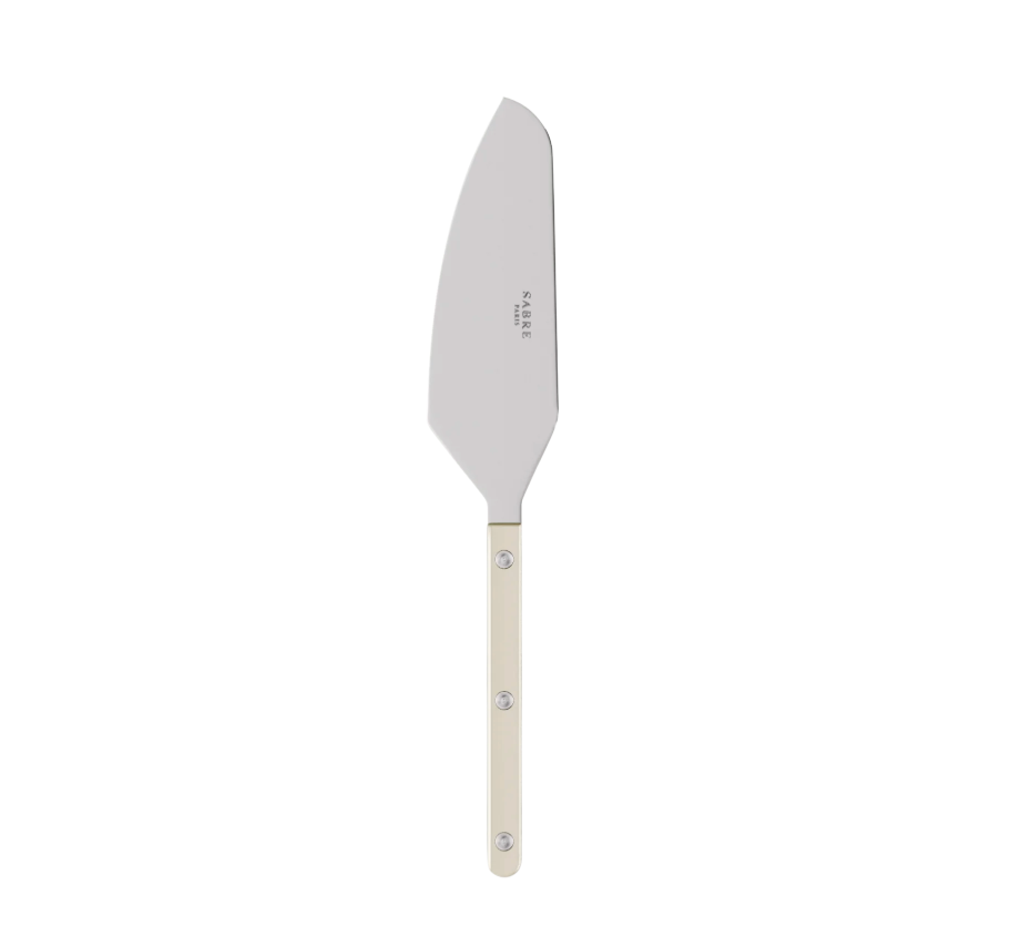 Introducing the Bistrot Pearly Tart Slicer by Vive Designs, a silver metal pie server featuring a wide, flat blade and a straight, light-colored handle from the elegant Bistrot cutlery collection, shown isolated on a white background.