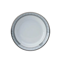 White Arcades Platinum Dinnerware by Philippe Deshoulieres dinner plate with a wide, decorative silver-toned rim featuring repeating vertical arches.