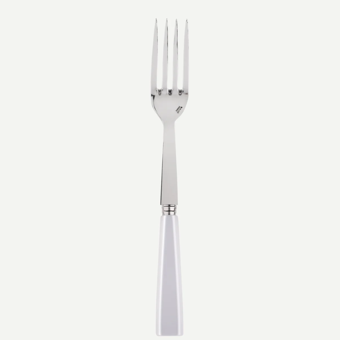 The Sabre Icone White Serving Fork, featuring four long tines and a smooth white handle, is displayed vertically against a plain white background.