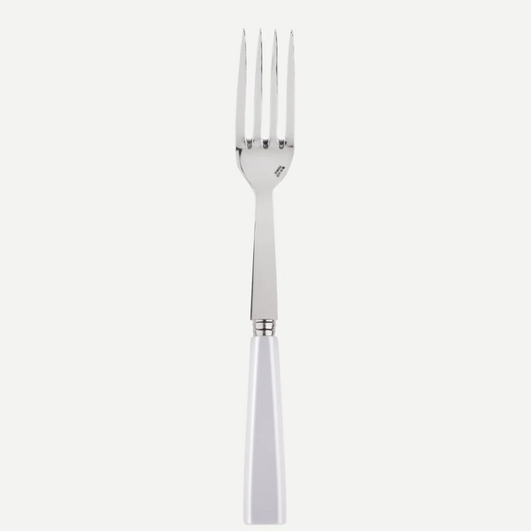 The Sabre Icone White Serving Fork, featuring four long tines and a smooth white handle, is displayed vertically against a plain white background.